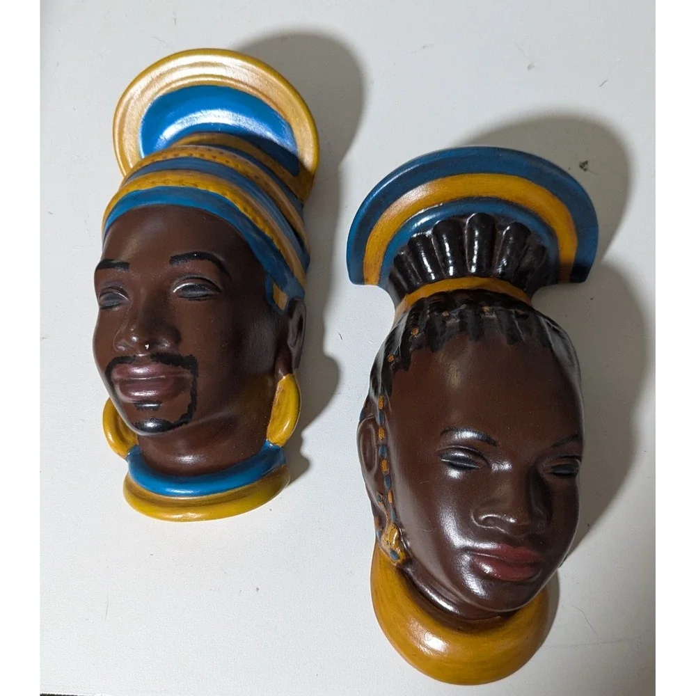 Mid-Century Modern African Bust Statuettes, Plaster Wall Hangings Atlantic Molds